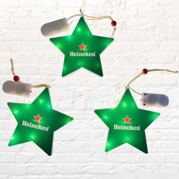 Set of 3 Heineken beer double-sided illuminating star Christmas ornaments - Picture 1 of 15